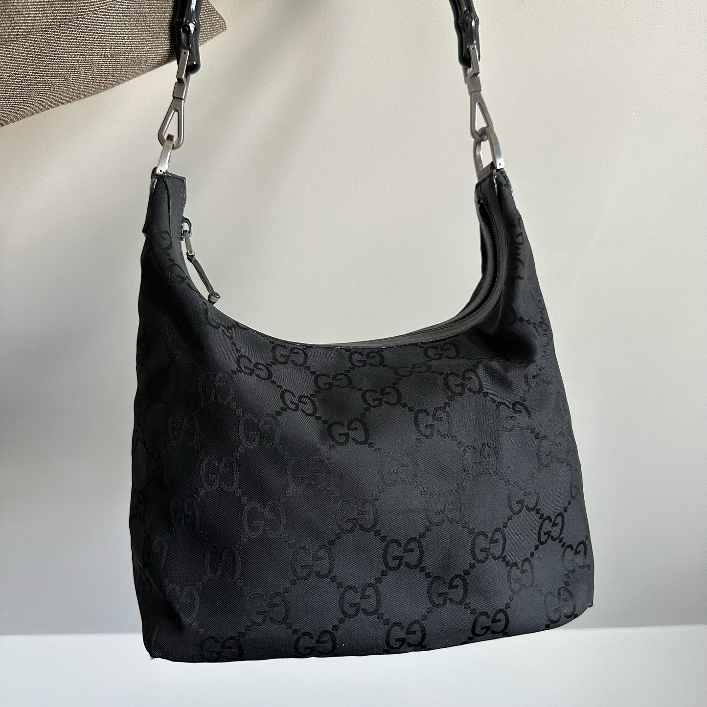 Gucci Black Bamboo Handle Monogram Hobo Bag