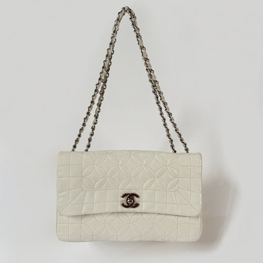 Chanel White Leather Lady Graphic Quilted Camellia Flap Bag