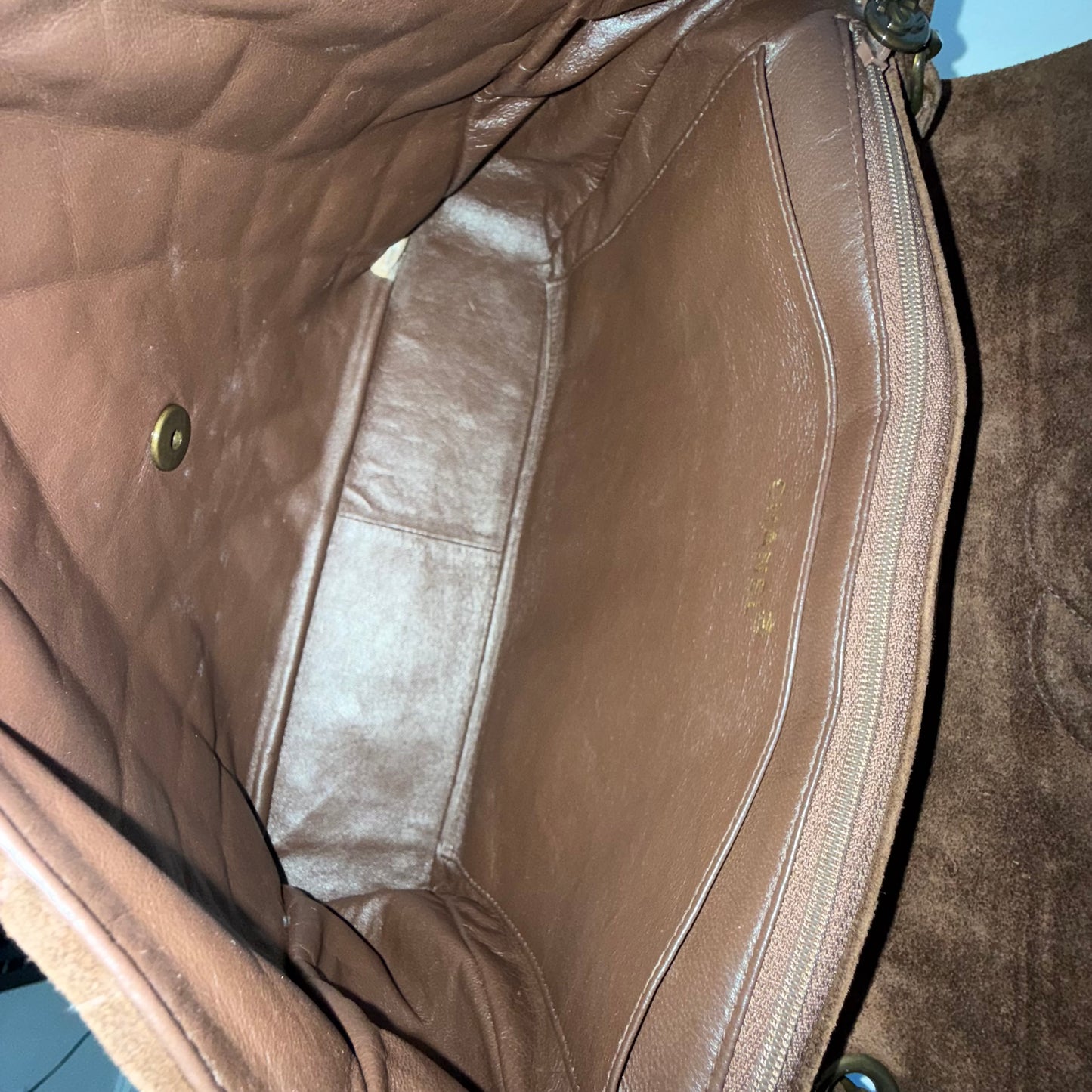 Chanel Brown Suede Antique Gold Hardware Large Flap