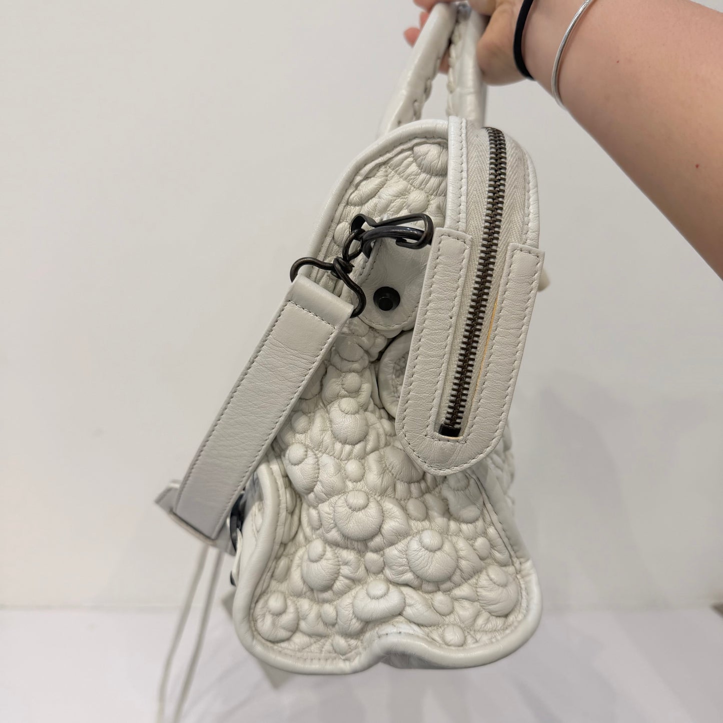 RARE Balenciaga White Leather Bubble Quilted City Bag