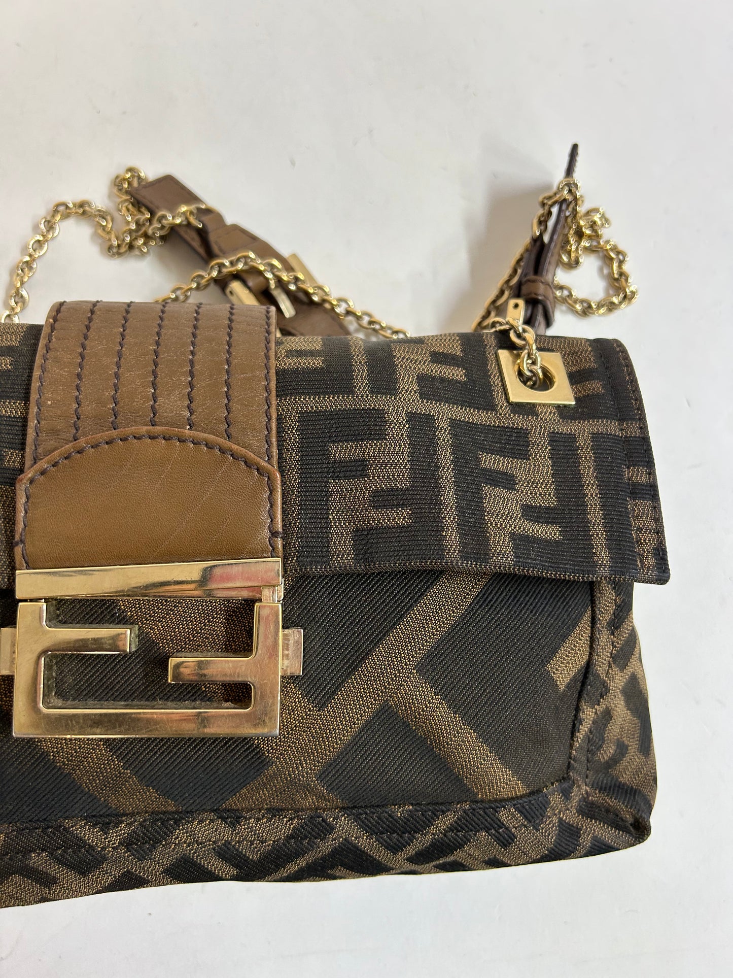 Fendi Brown Canvas & Leather Zucca Chain Handle Baguette