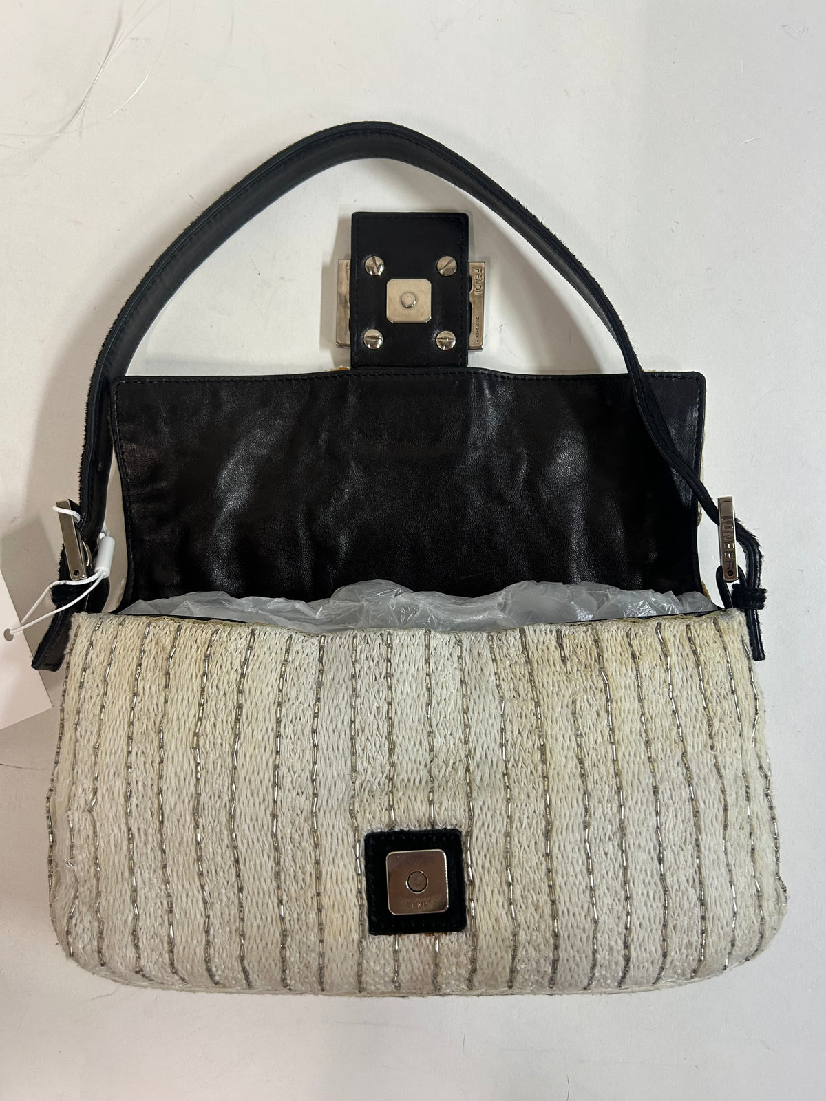 Fendi Ivory Knit Beaded & Ponyhair Baguette Shoulder Bag