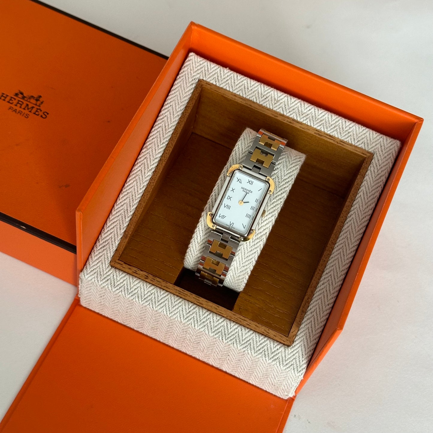 Hermes Croisiere Tank White Dial Two Tone Watch w/ Box