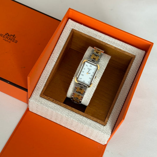 Hermes Croisiere Tank White Dial Two Tone Watch w/ Box