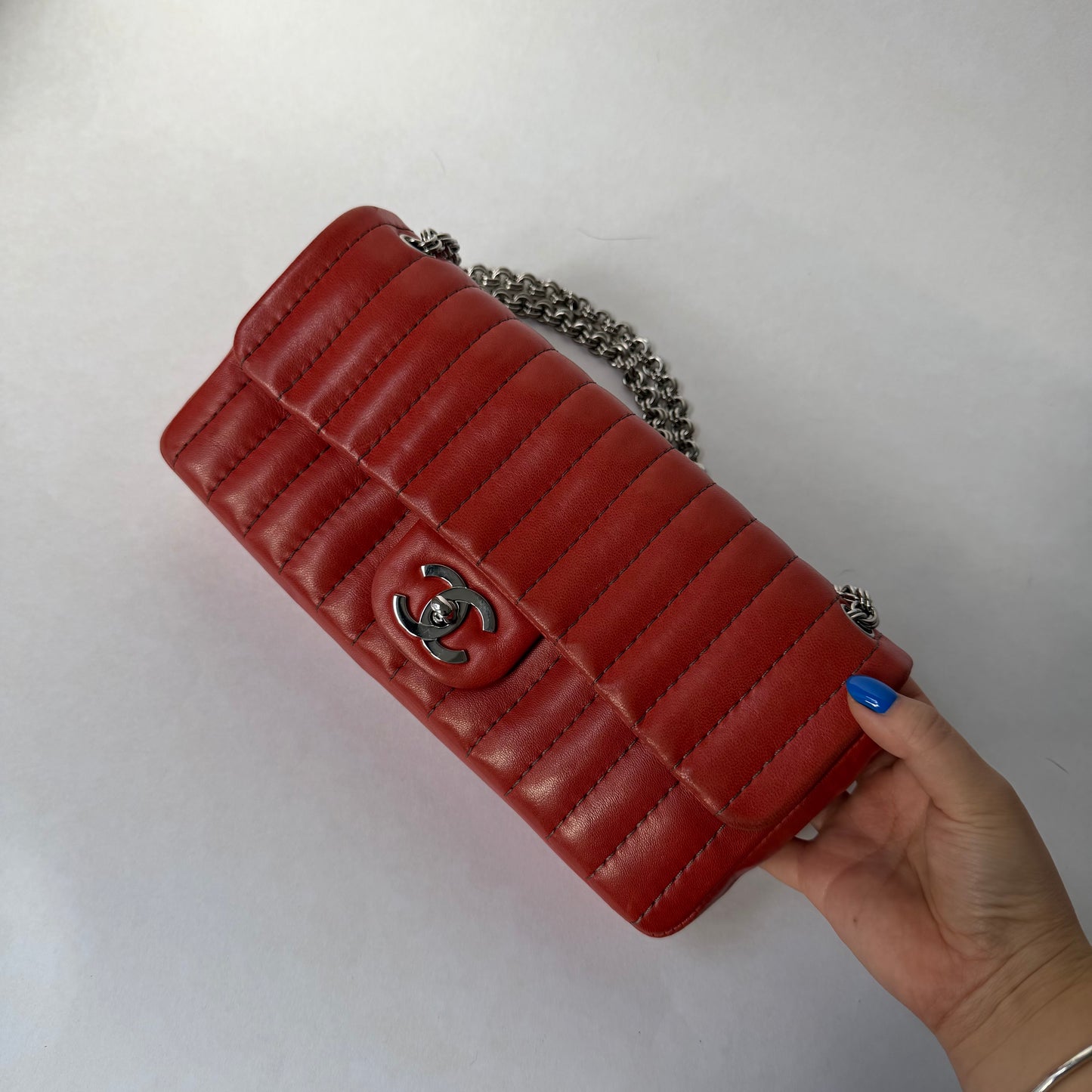 Chanel Red East West Vertical Quilted Bijoux Chain Flap