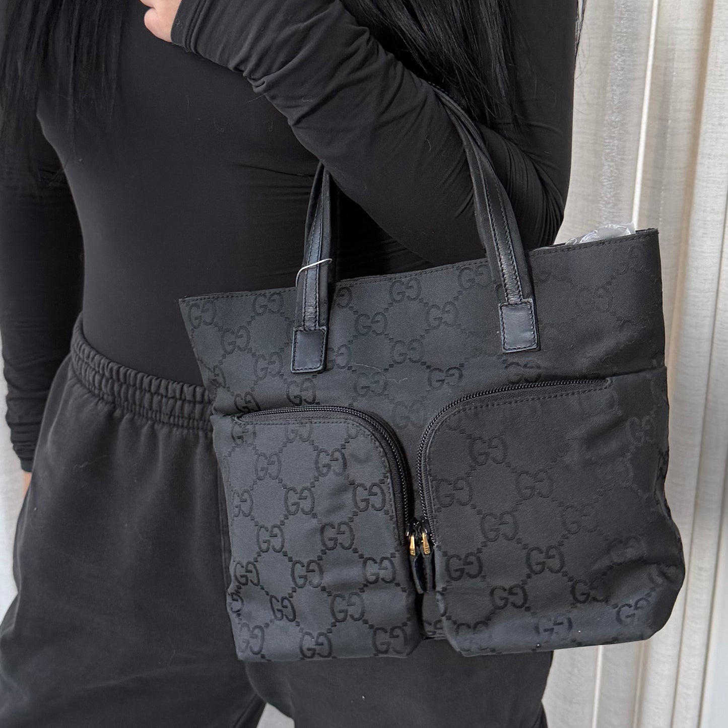 Gucci Black Monogram Double Front Pocket Tote Bag