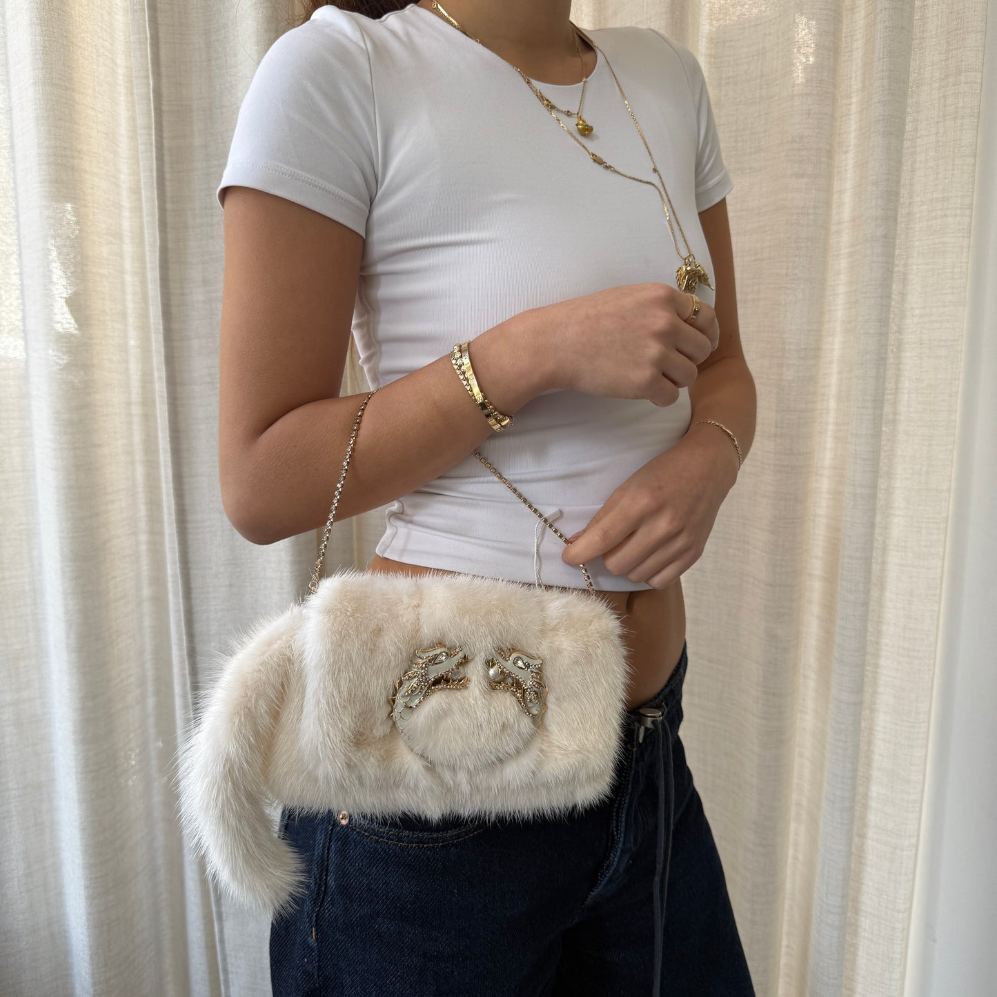 RARE Gucci White Mink Fur Tom Ford Era Chain Crystal Clutch