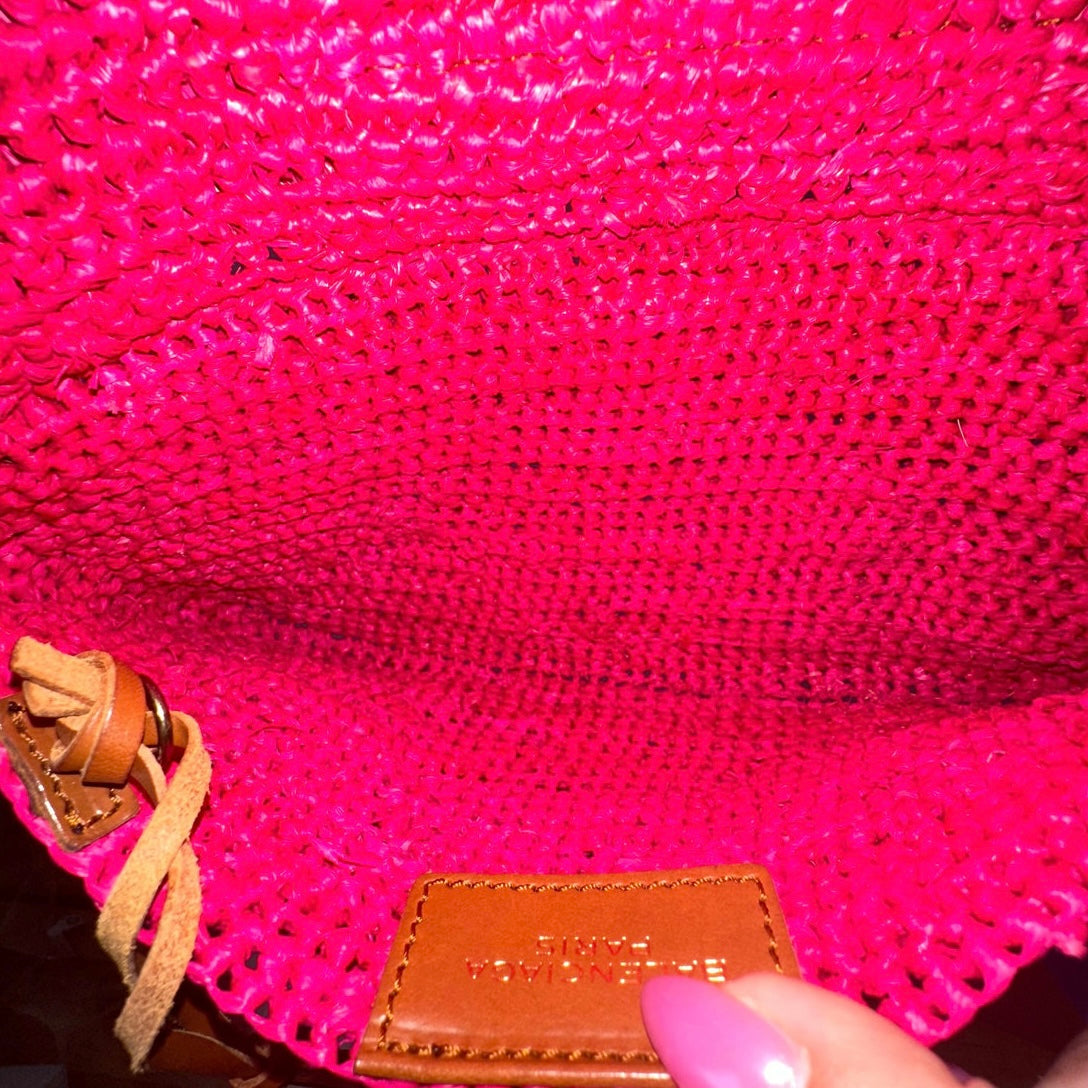 Balenciaga Woven Pink & Beige Panier Large Basket Rafia Tote w/ Mirror