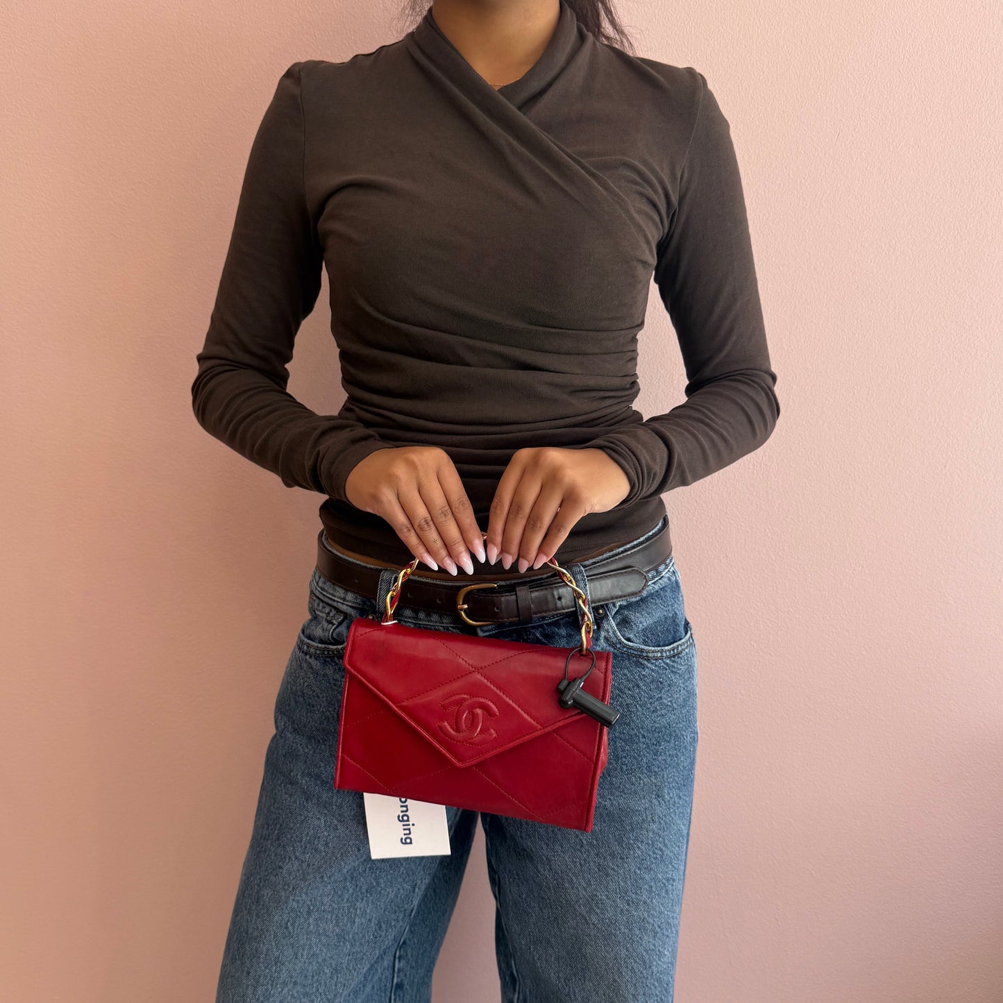 Chanel Red Lambskin Leather Braided Top Handle Bag