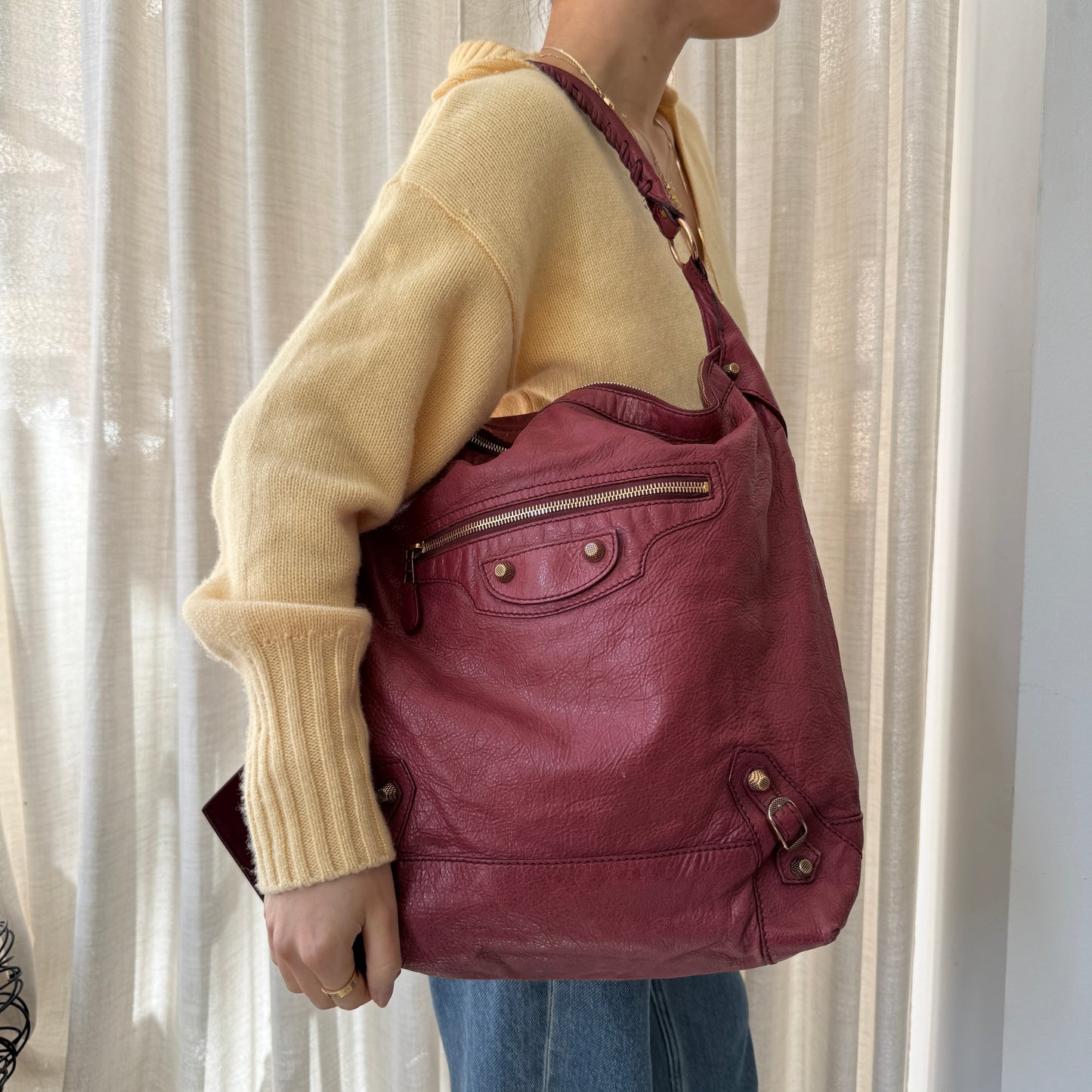 Balenciaga Burgundy Leather Slouchy Day Bag
