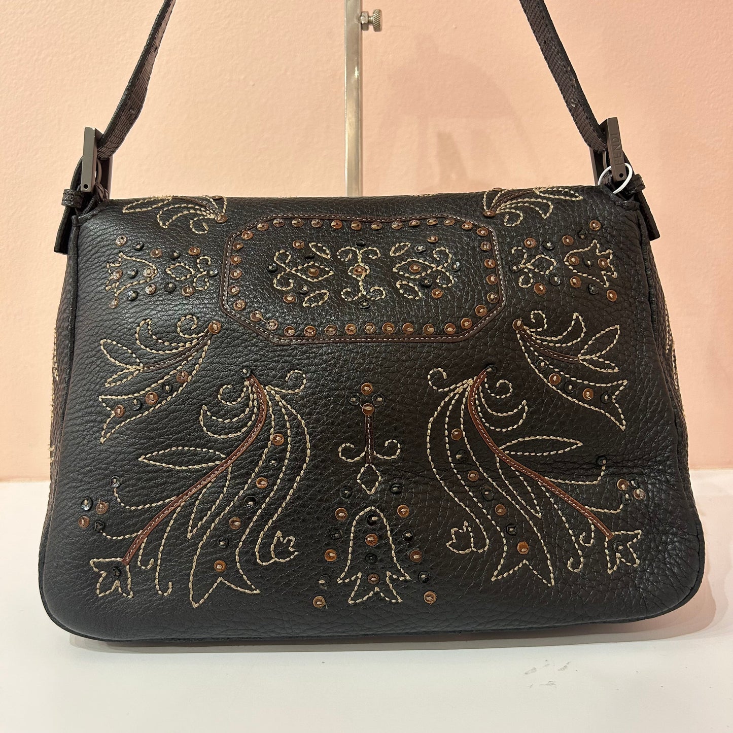 Fendi Dark Brown Pebbled Leather Lizard Trim Stitched Detail Mama Baguette