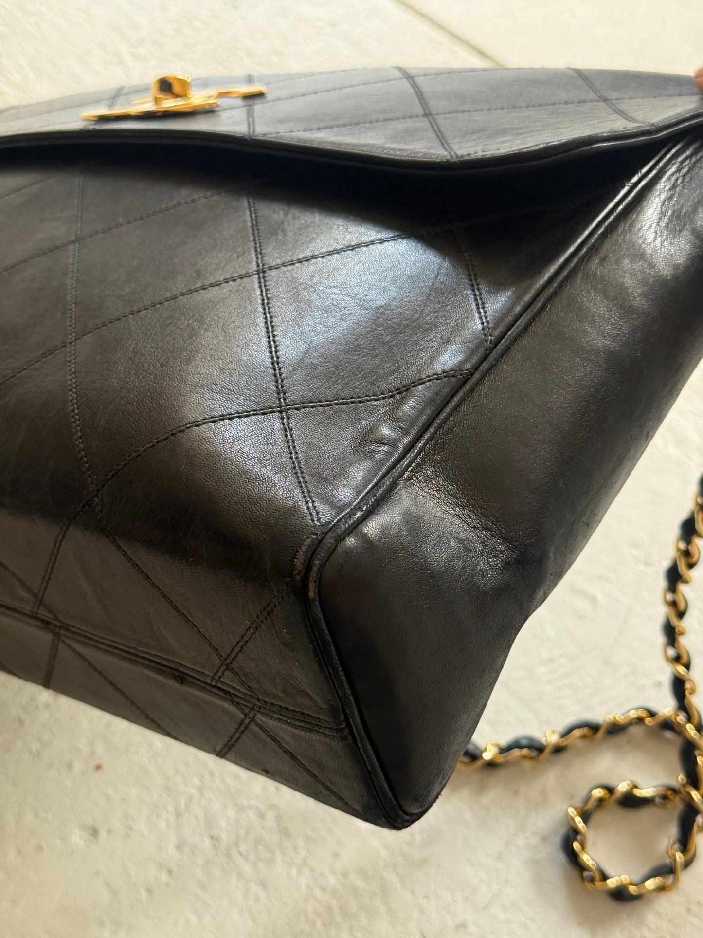 Chanel Black Lambskin Jumbo Hardware Turnlock Flap Bag