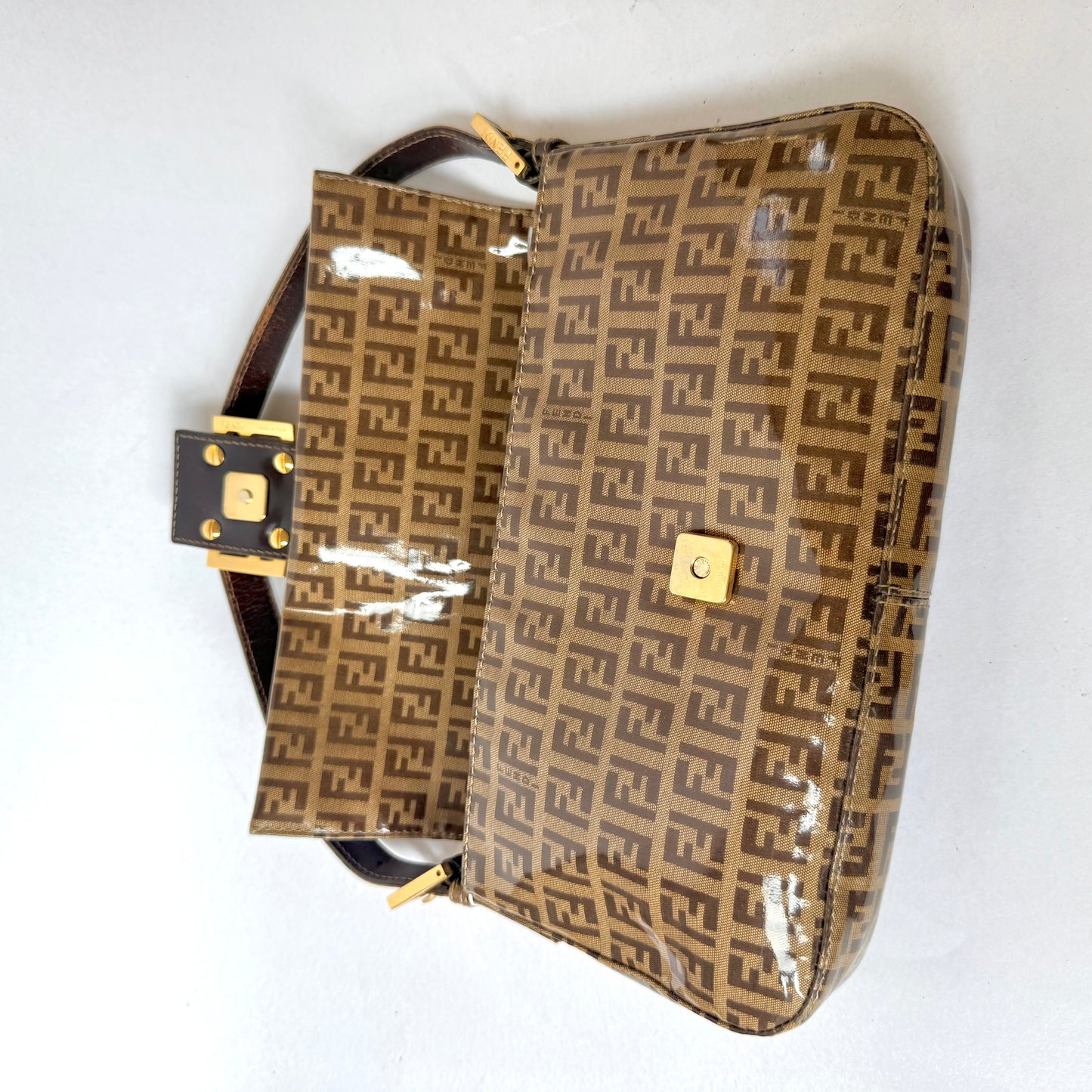 Fendi Brown Zucchino Patent Leather Baguette