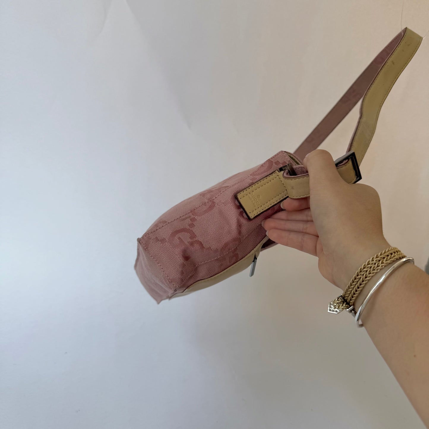 Gucci Pink Monogram & Beige Leather Shoulder Bag