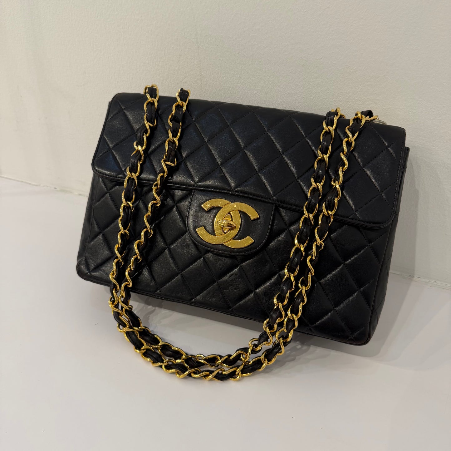 Chanel 24KGP Black Lambskin Leather Matelasse Jumbo Bag