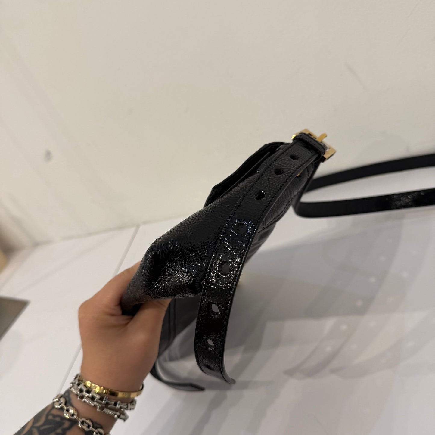 Fendi Black Crinkle Patent Leather Long Strap Baguette