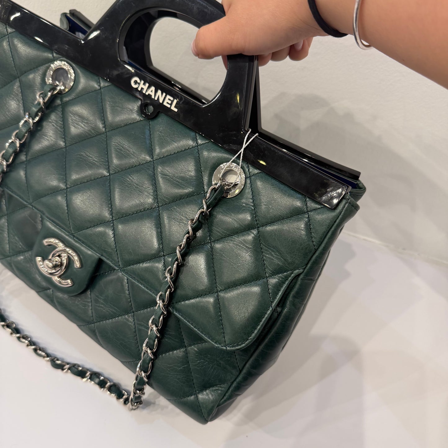 RARE Chanel Green Lambskin Leather Quilted Delivery Tote Bag