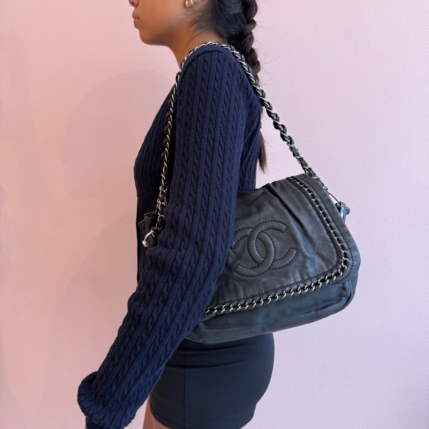 Chanel Black Leather Luxe Ligne Flap Over Shoulder Bag