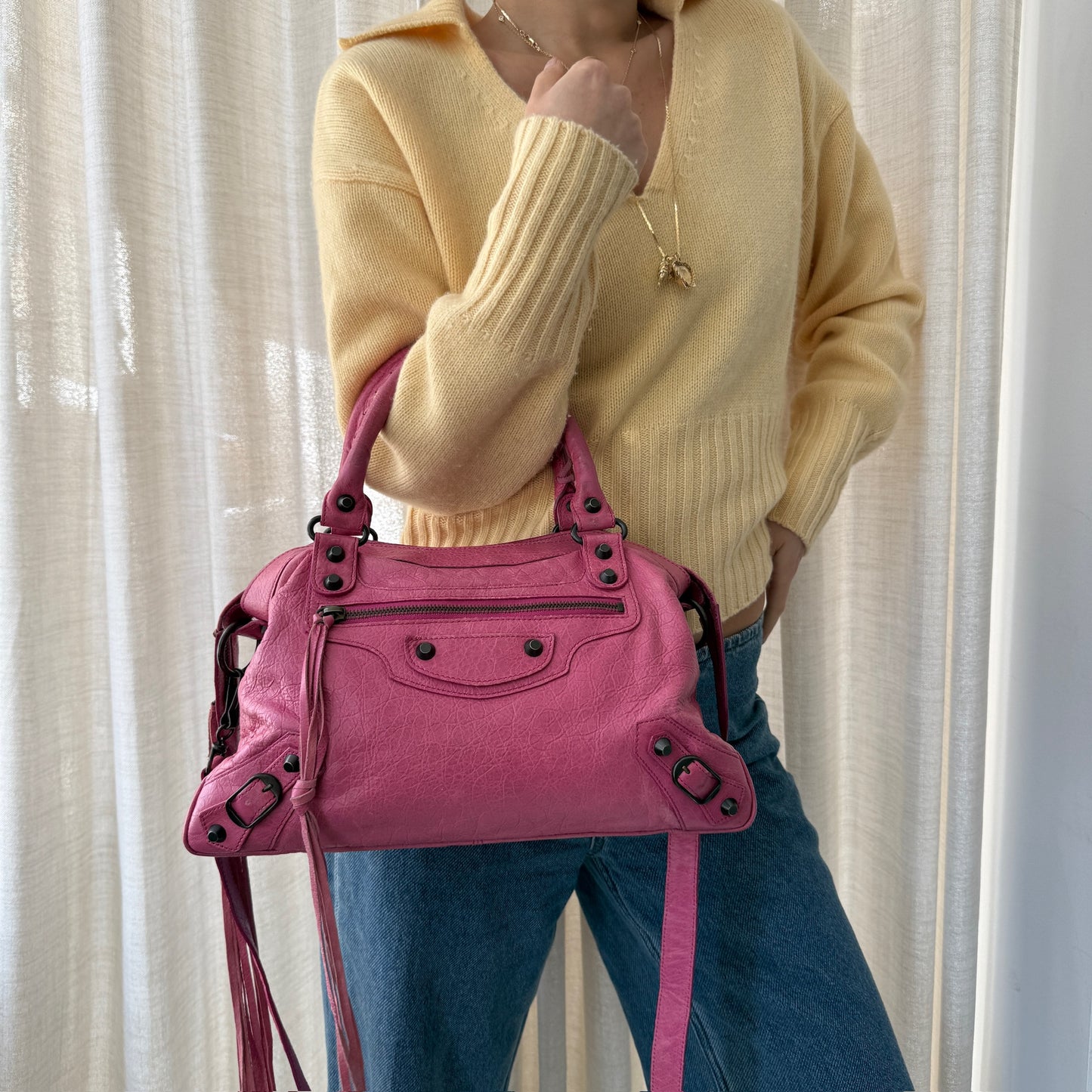 Balenciaga Pink Leather Town City Bag w/ Crossbody Strap