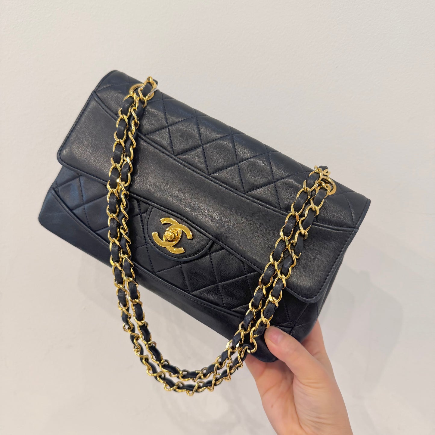 Chanel 1989 Navy Black Lambskin Leather Double Chain Matelasse Diana Flap Bag w/ Wallet