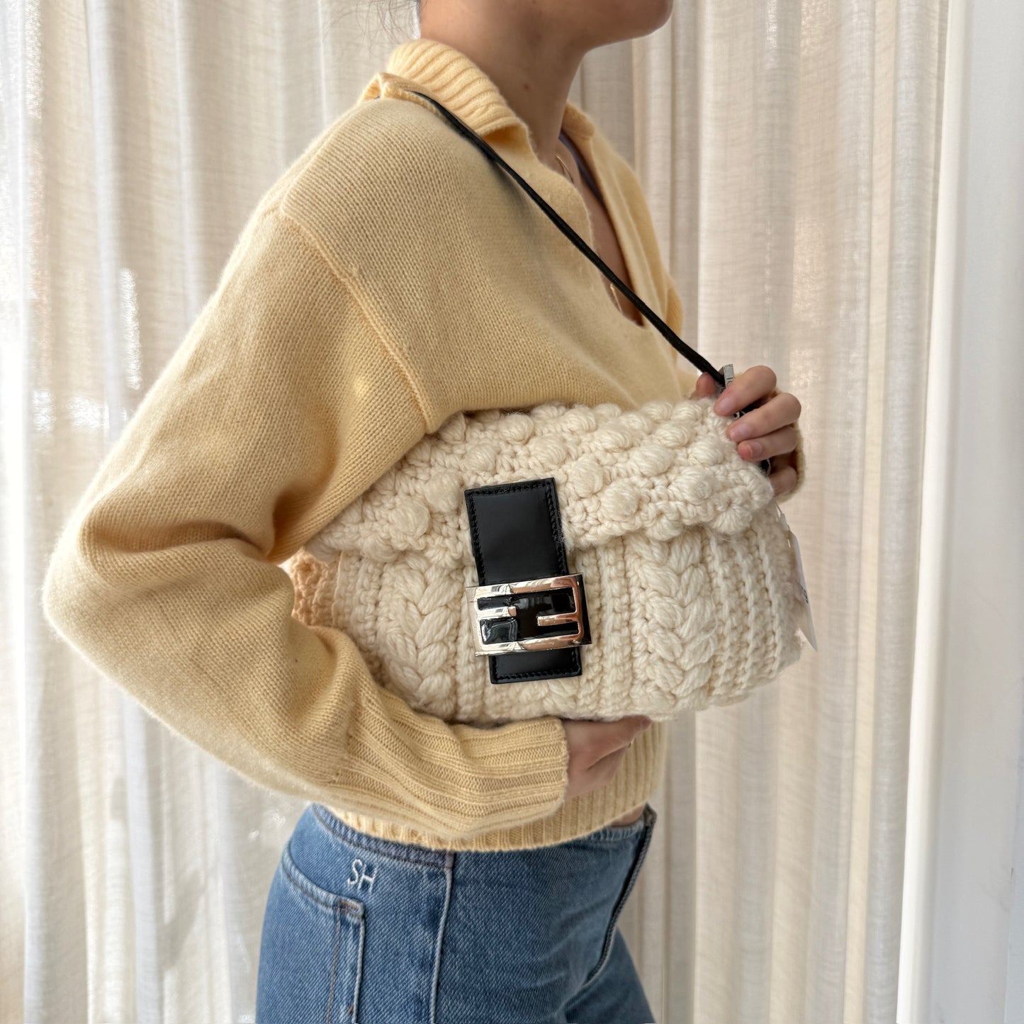 Fendi White Knit Baguette Shoulder Bag