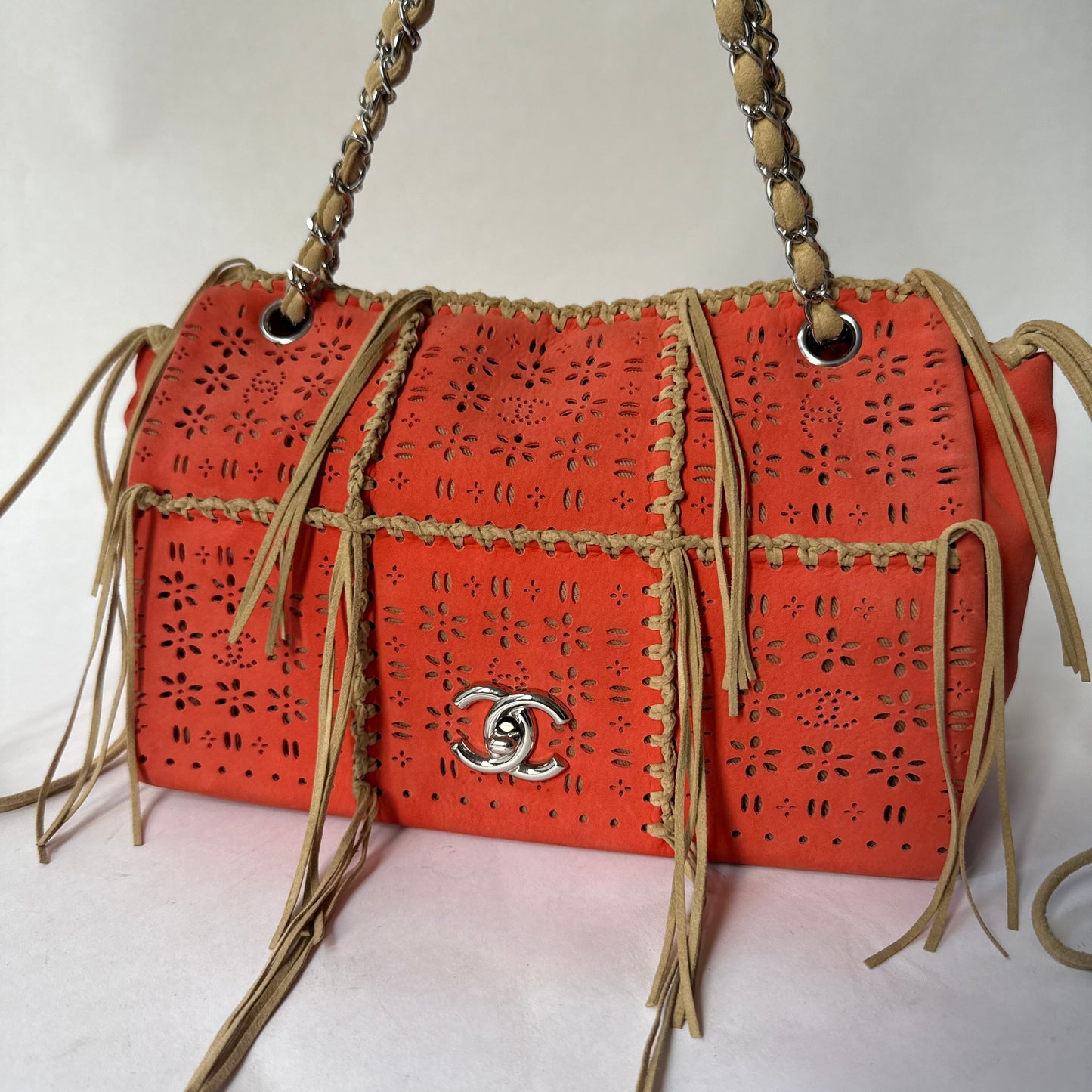 Chanel Orange Suede Perforated Fringe Flap Shoulder Bag