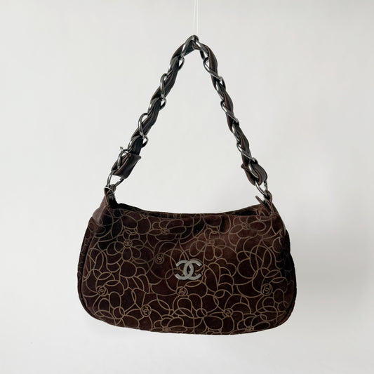 Chanel Brown Suede Cocomark Camellia Floral Bag