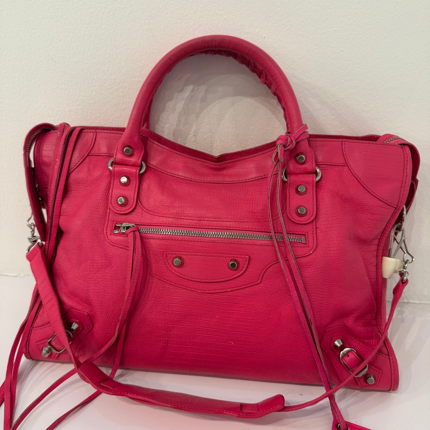 Balenciaga Neon Pink Leather Lizard Embossed Agneau Hardware Medium Le City Bag