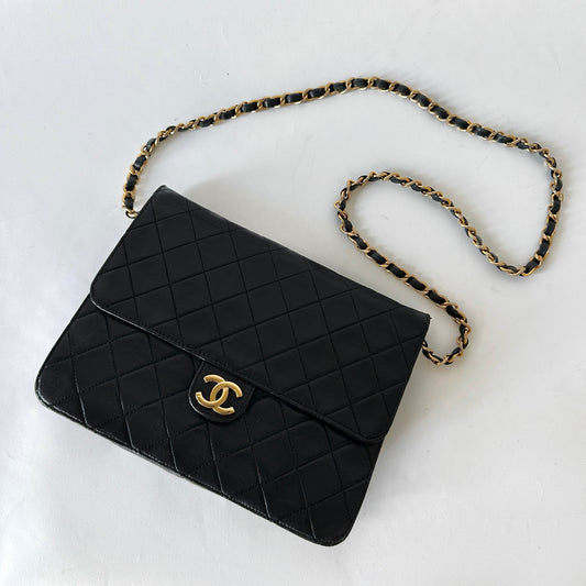 Chanel Black 80’s Quilted 18k GP Hardware Square Flap