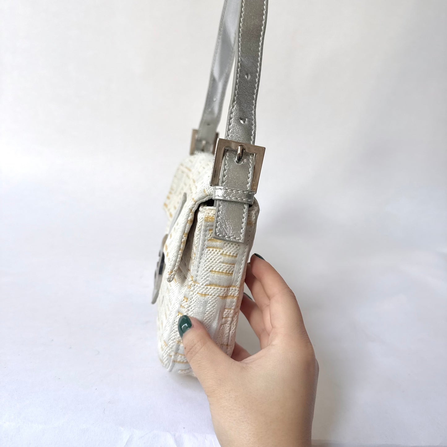 Fendi Cream Metallic Zucca Canvas Baguette Shoulder Bag