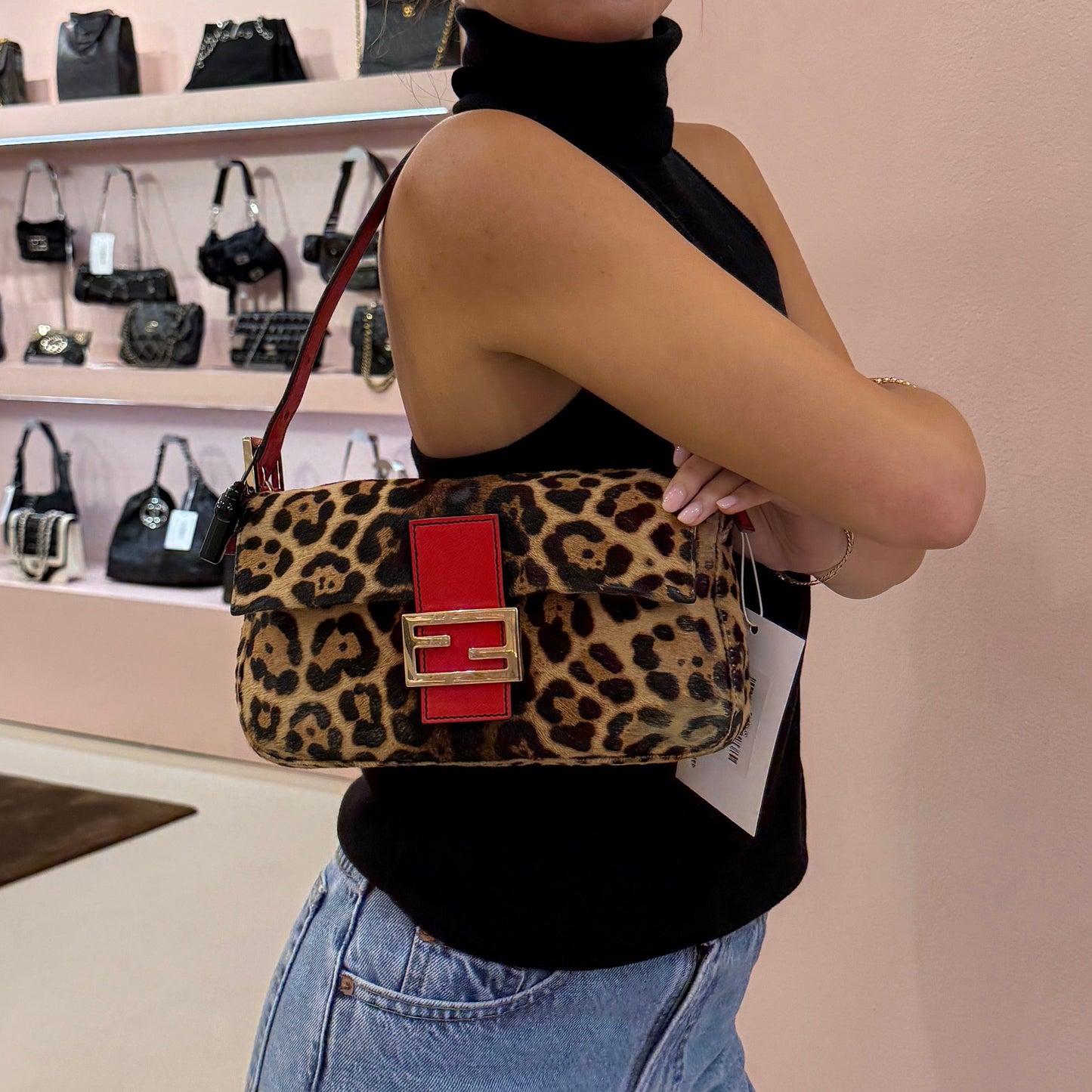RARE Fendi Brown & Red Ponyhair & Leather Cheetah Printed Baguette Shoulder Bag GHW