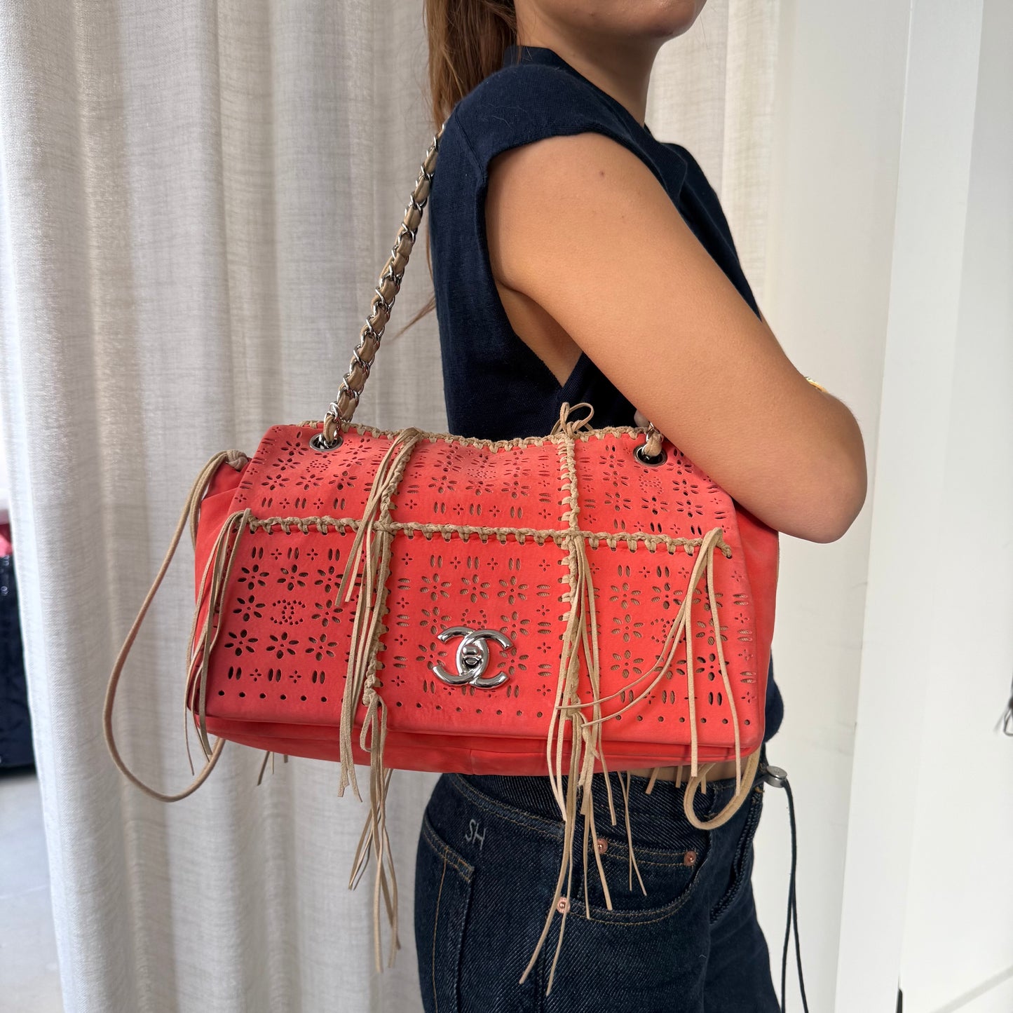 Chanel Orange Suede Perforated Fringe Flap Shoulder Bag