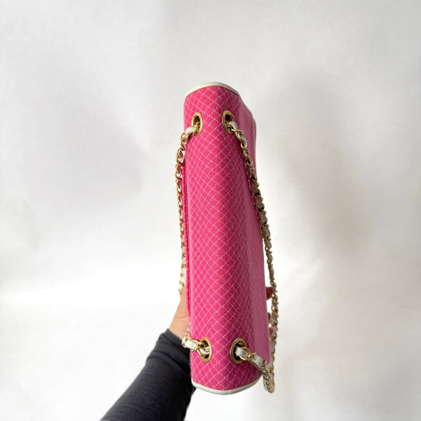 Chanel Pink Jersey & Patent Leather Micro Quilting Double Chain Flap Shoulder Bag