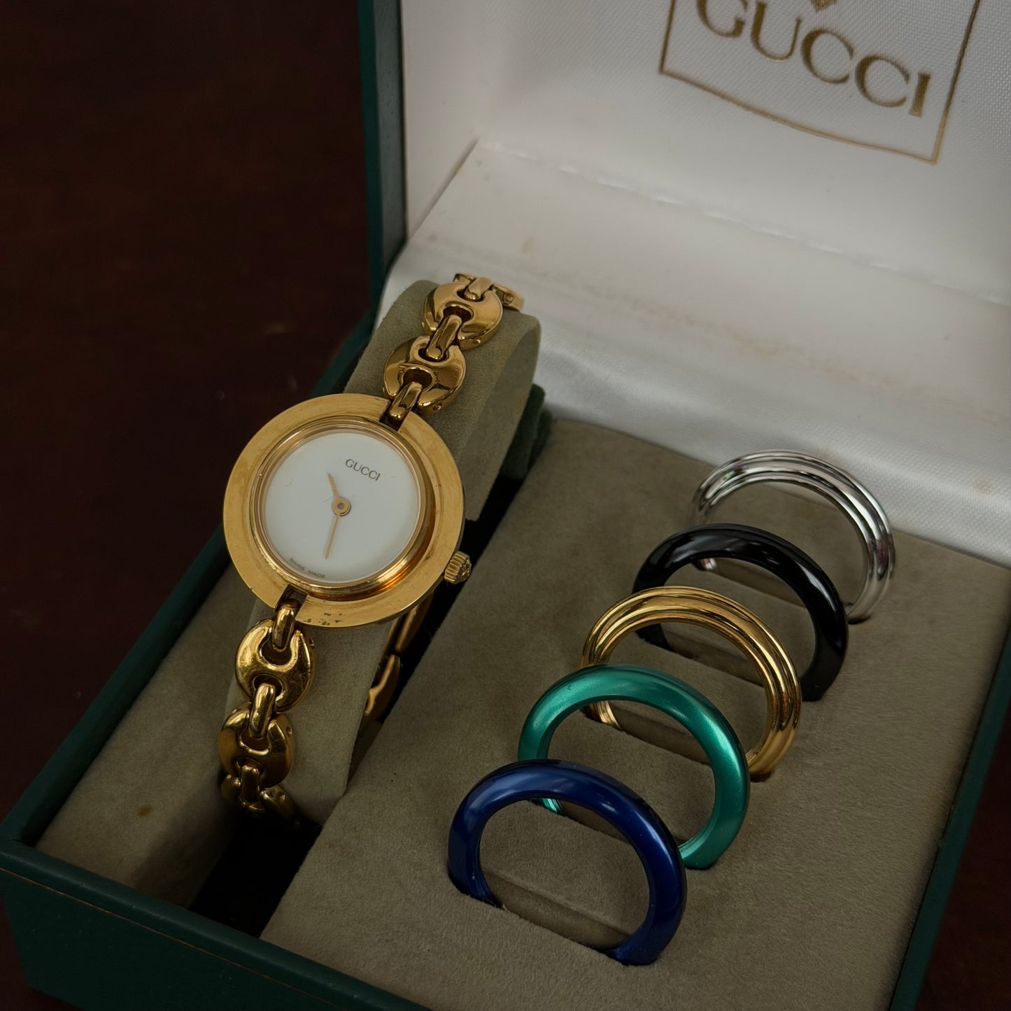 Gucci Gold Mariner Link White Dial Bezel Watch w/ 5 Bezels