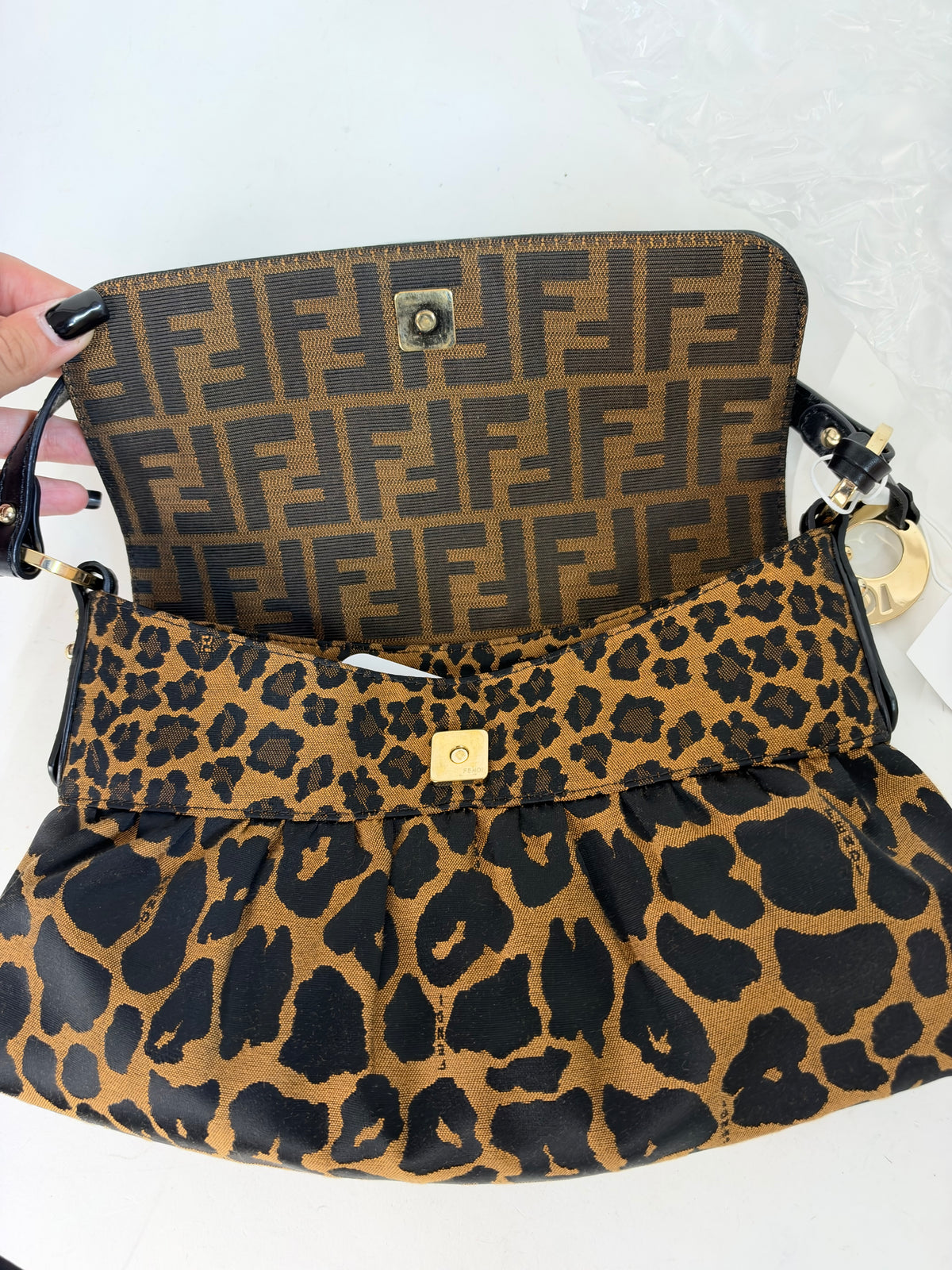 Fendi Brown Nylon & Leather Cheetah Print Zucca Monogram Chef Bag
