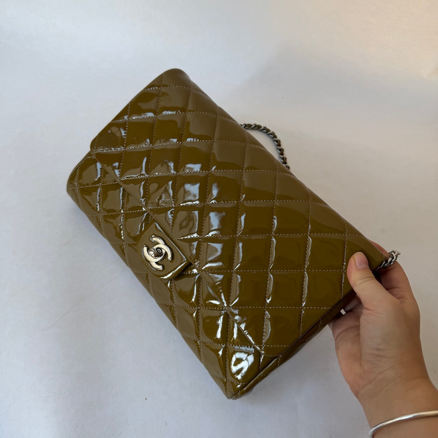 Chanel 2011 Patent Khaki Leather Classic Flap Clutch Shoulder Bag
