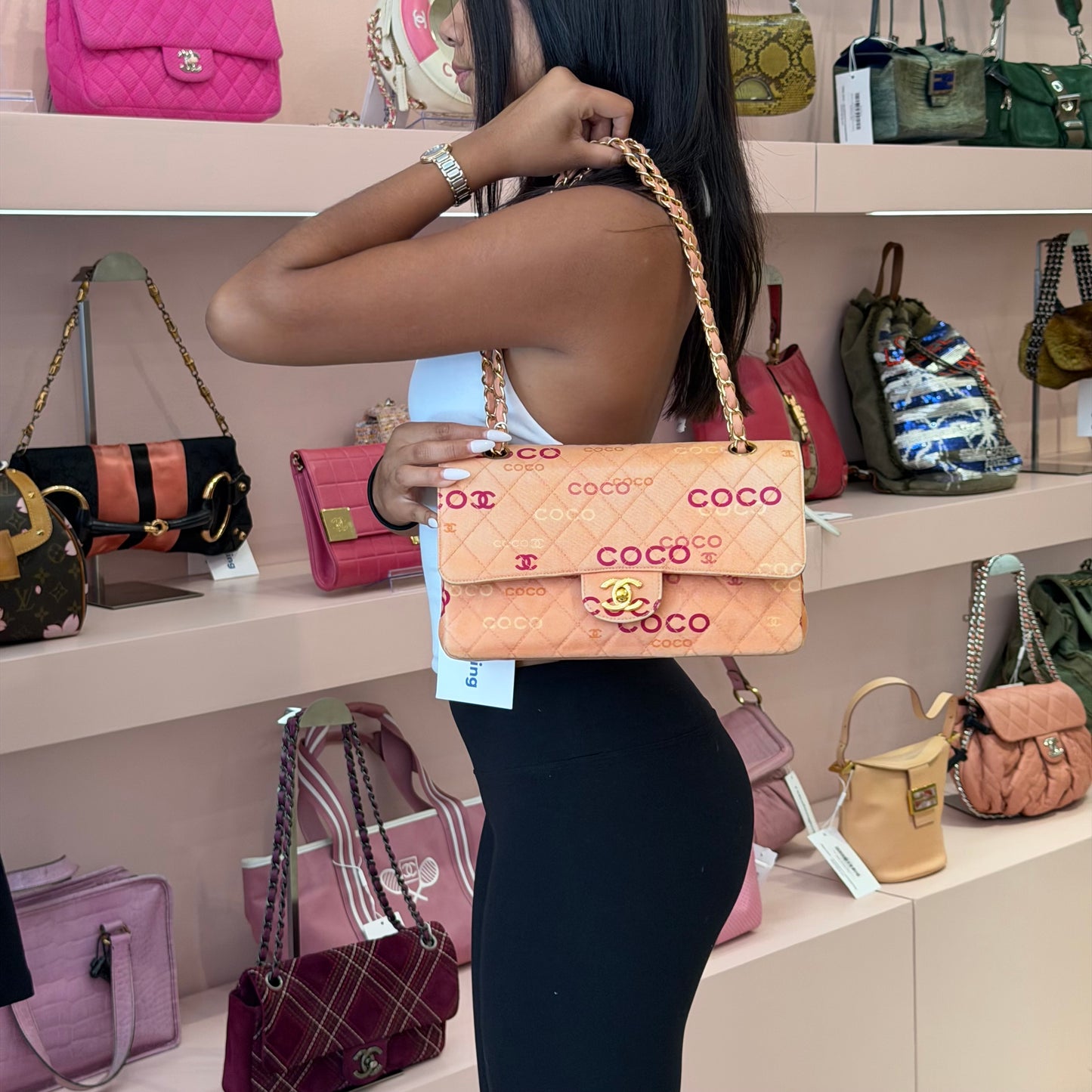 Chanel 2002 Pink Canvas Quilted Coco Monogram Double Flap