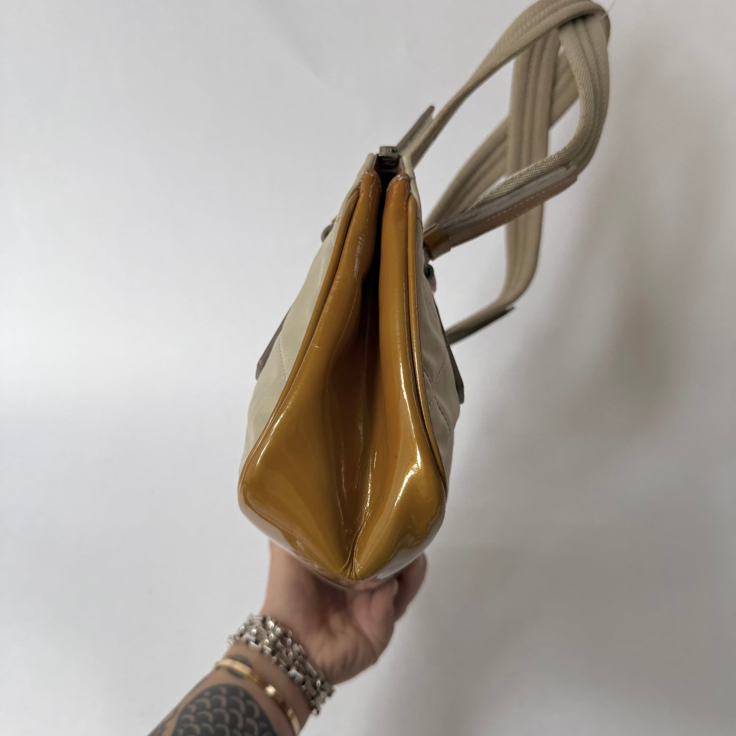 Prada Beige Quilted Shoulder Bag w/ Patent Leather Trim