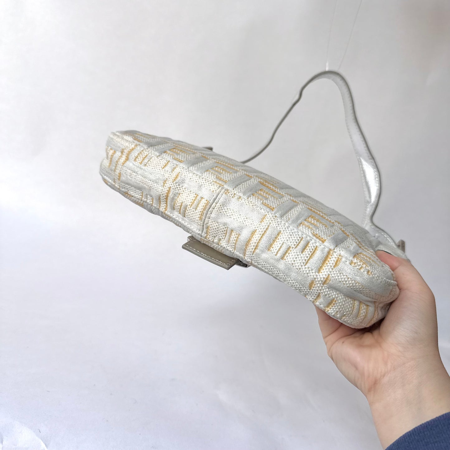 Fendi Cream Metallic Zucca Canvas Baguette Shoulder Bag