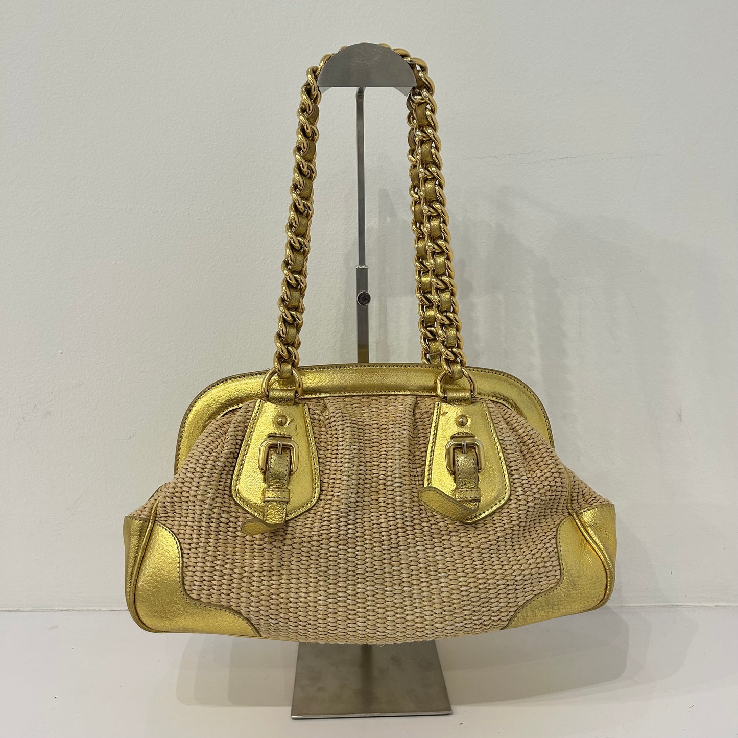 Prada Gold & Beige Raffia Chain Shoulder Bag