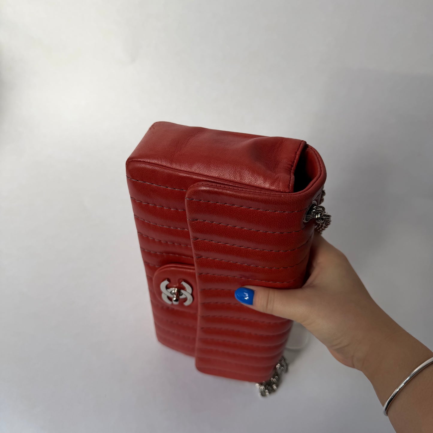 Chanel Red East West Vertical Quilted Bijoux Chain Flap