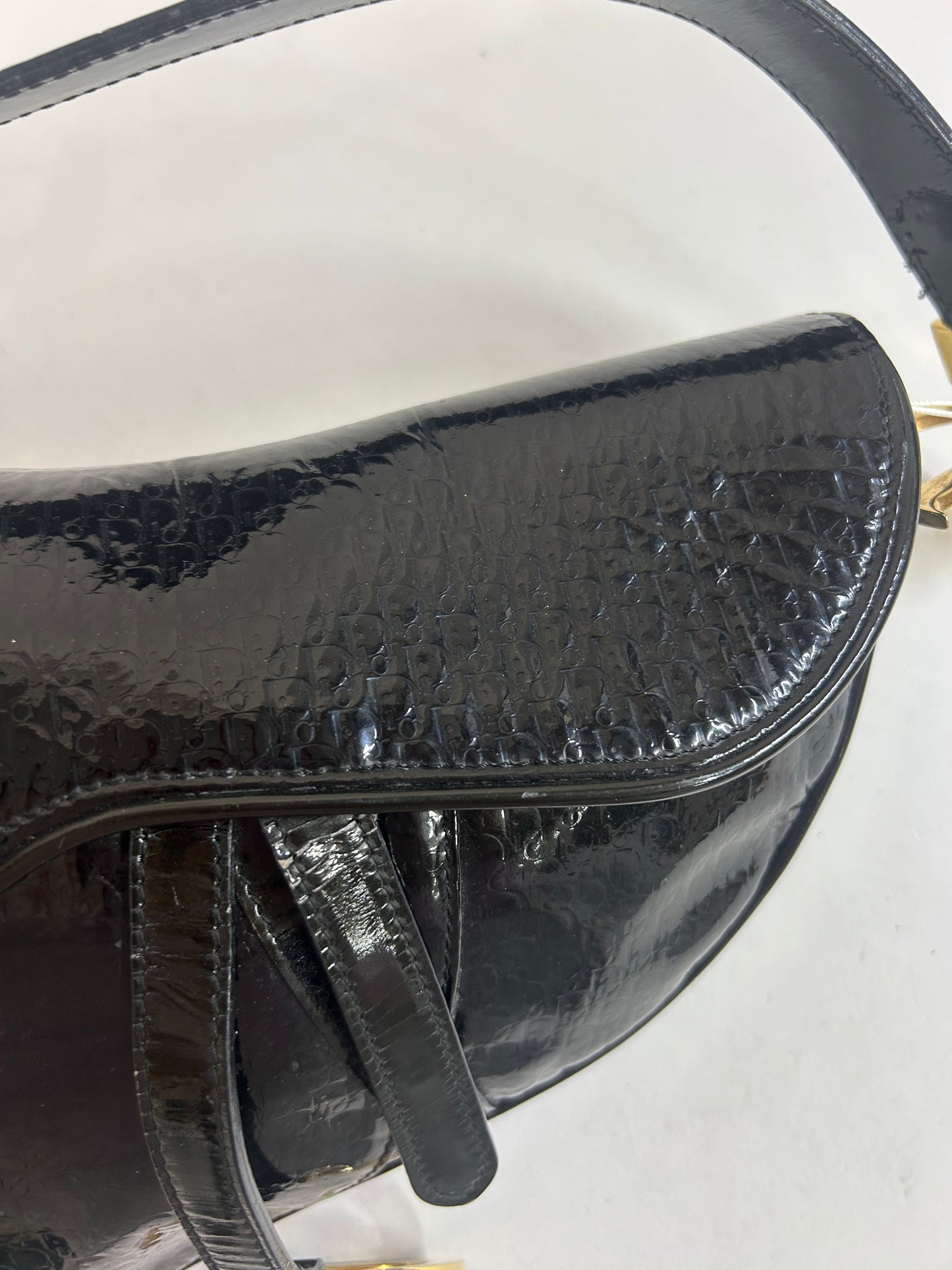 Christian Dior Patent Leather Trotter Monogram Black Saddle Bag w/ Gold Hardware