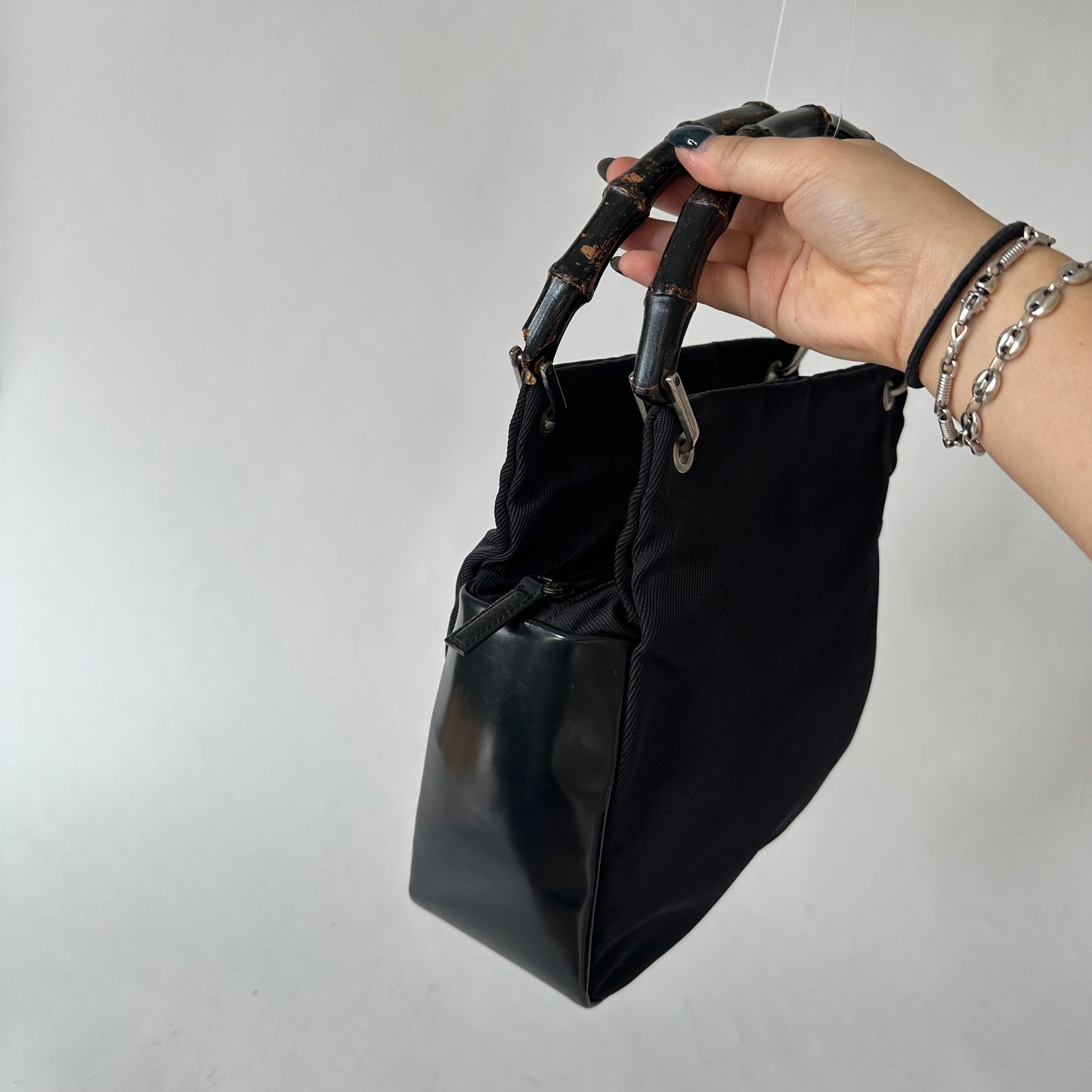 Gucci Black Nylon & Leather Bamboo Tote