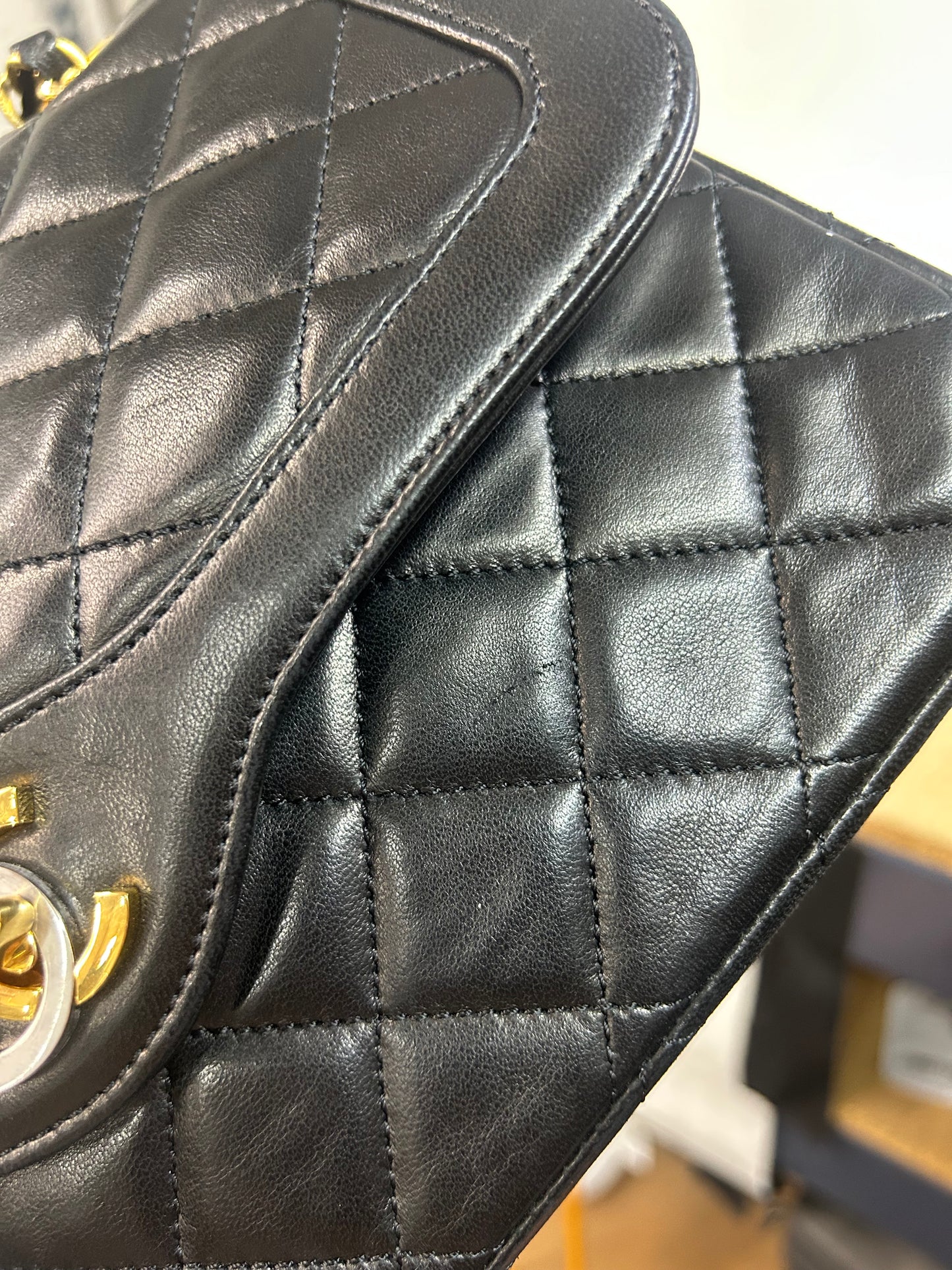 Chanel Black Lambskin Leather Quilted Paris Exclusive Two-Tone Double Flap
