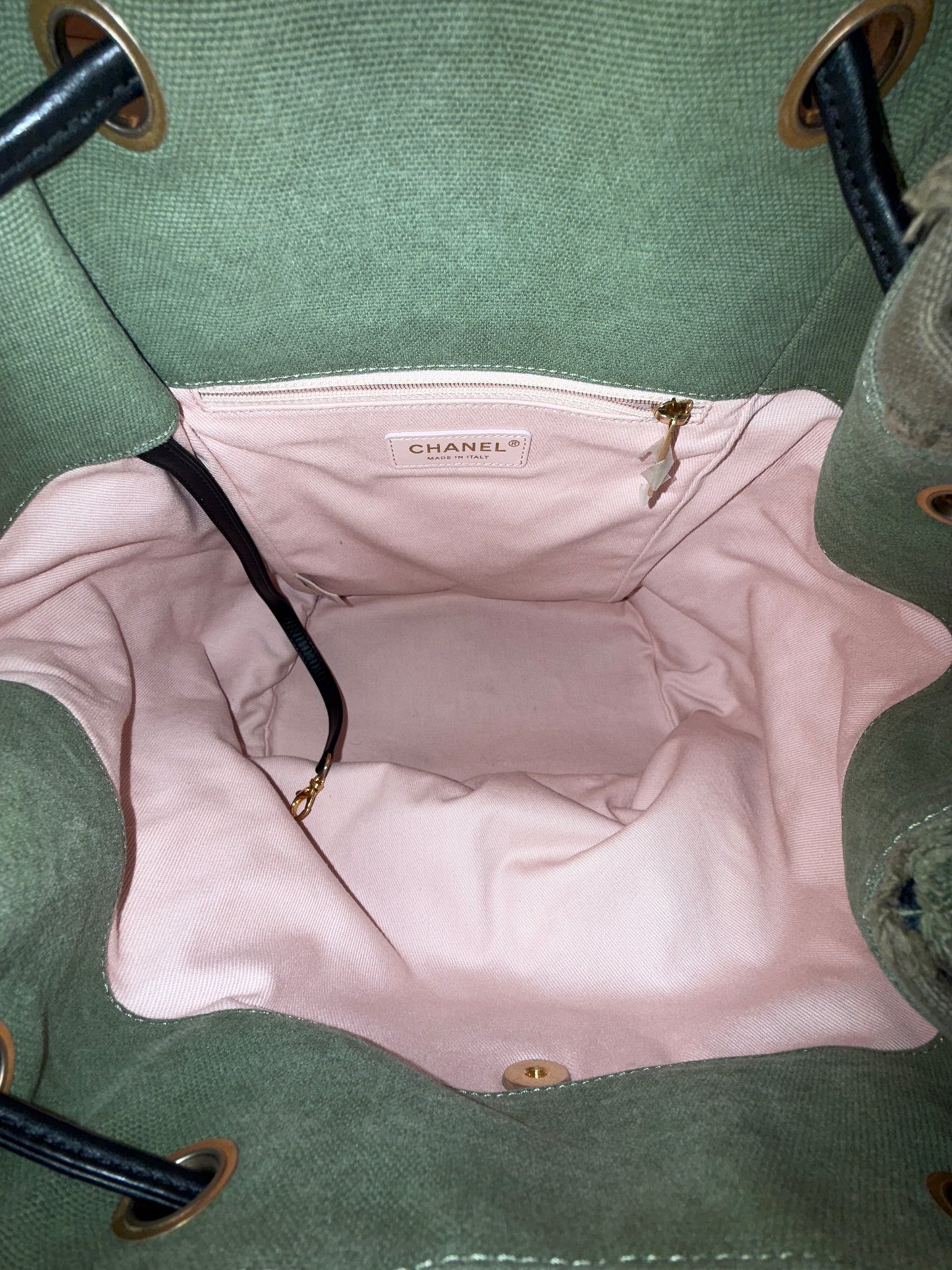 Chanel Green Khaki Canvas Chevron Patchwork Backpack