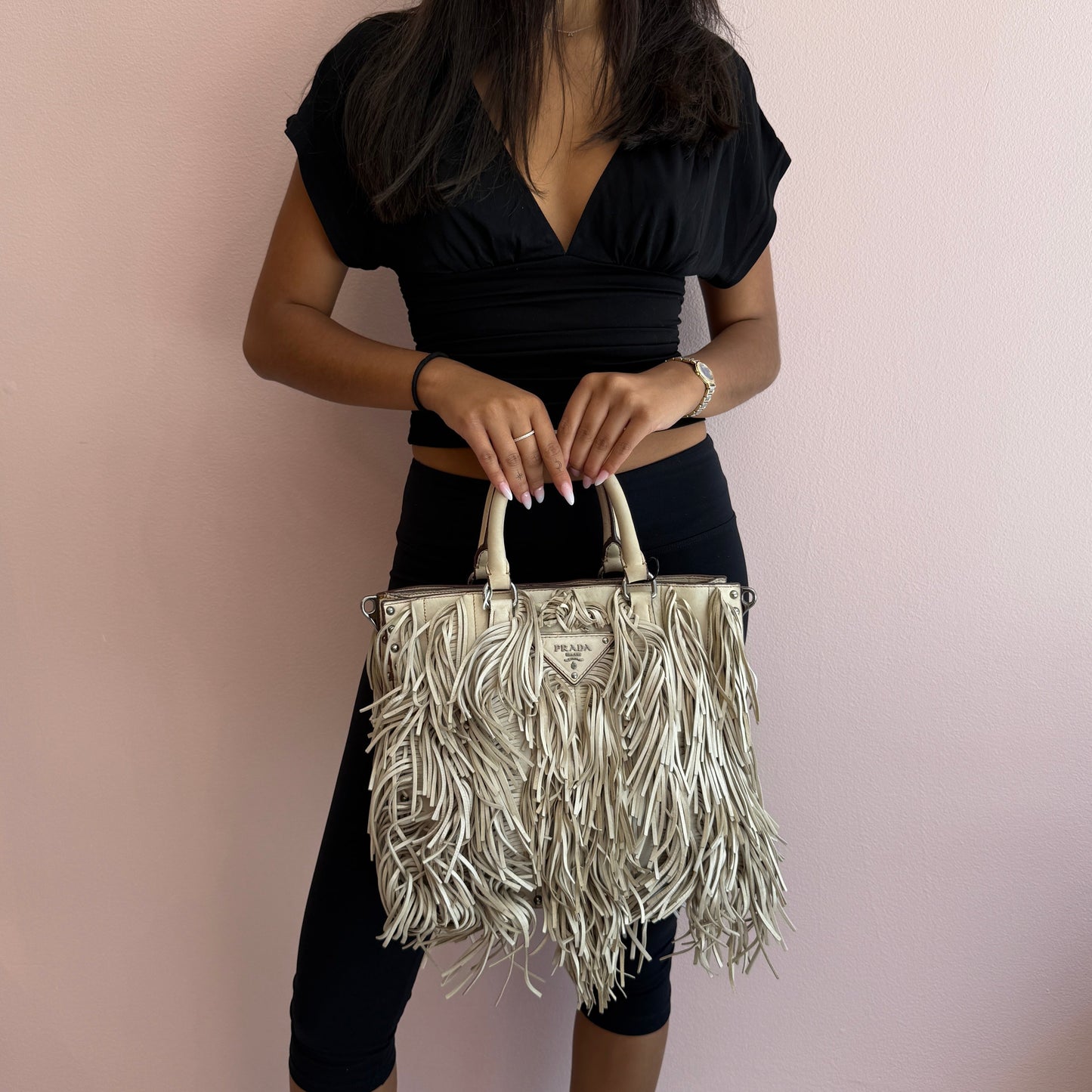 Prada Beige Fringe Shopper Tote Bag