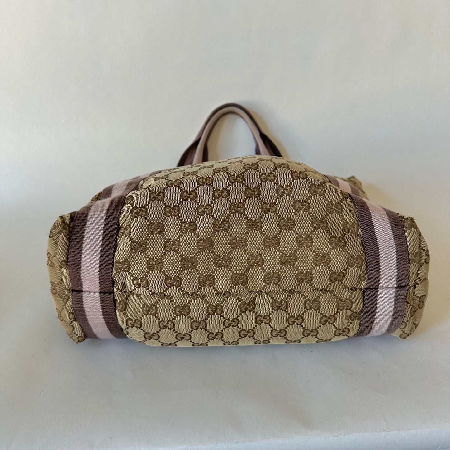 Gucci Brown Monogram Tote W/ Lilac Web Stripe