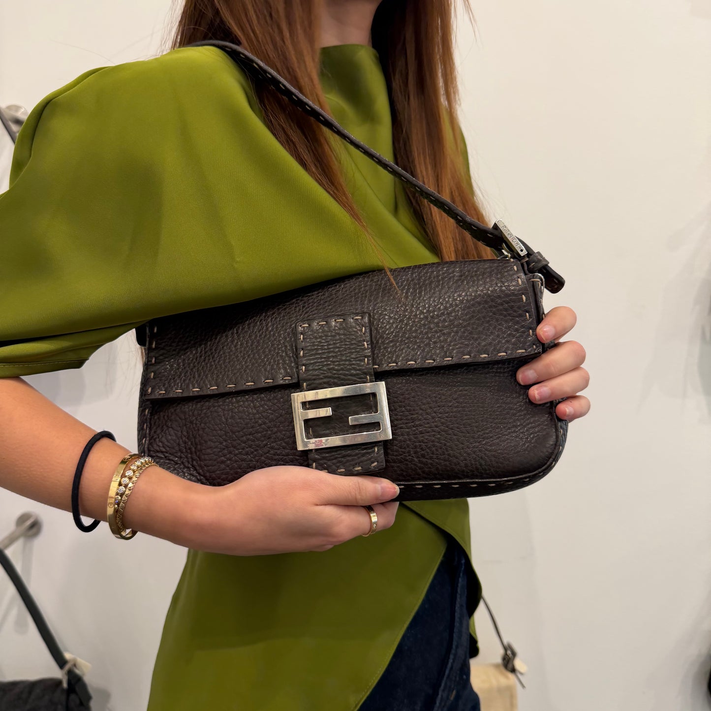 Fendi Brown Leather Selleria Baguette Shoulder Bag
