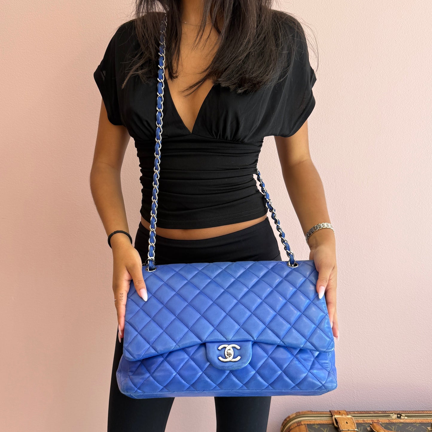 Chanel Blue Lambskin Leather Quilted Jumbo Flap SHW