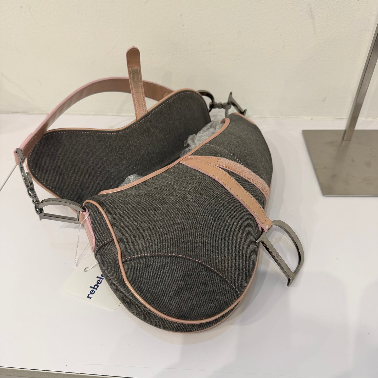 Christian Dior Gray Denim & Pink Patent Leather Saddle Shoulder Bag